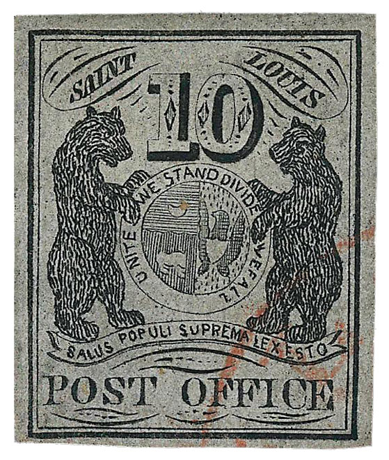 US Postmaster's Provisional Stamp 10c. St. Louis, MO. 11X5