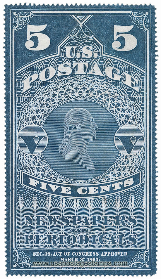 US 1865 George Washington (1732-1799) 5c. Scott. PR1 Newspaper Stamp