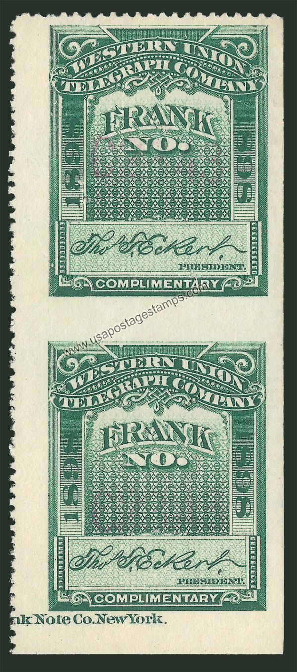 US 1898 Western Union Telegraph Company 'Frank' 0c. Scott. 16T28a ; Imperf. between pairs