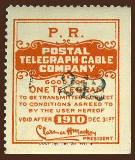 US 1910 Postal Telegraph-Cable Company 'Frank - P.R.' 0c. Scott. 15TO20