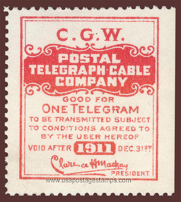 US 1911 Postal Telegraph-Cable Company 'Frank - C.G.W.' 0c. Scott. 15TO5