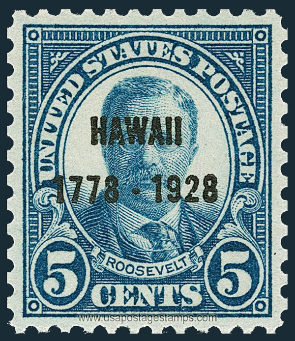 US 1928 Theodore Roosevelt OVPT. 'HAWAII 1778-1928' 5c. Scott. 648