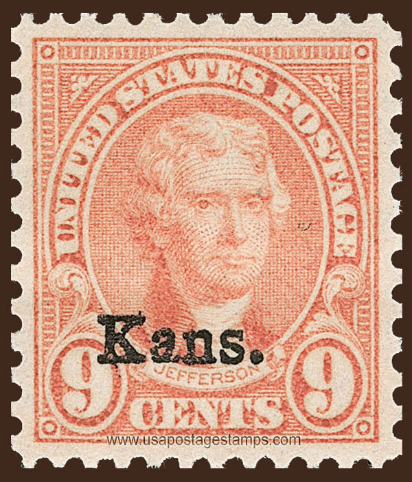 US 1929 Thomas Jefferson (1743-1826) Ovpt. 'Kans.' 9c. Scott. 667
