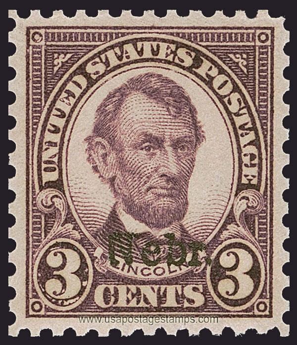 US 1929 Abraham Lincoln (1809-1865) Ovpt. 'Nebr.' 3c. Scott. 672