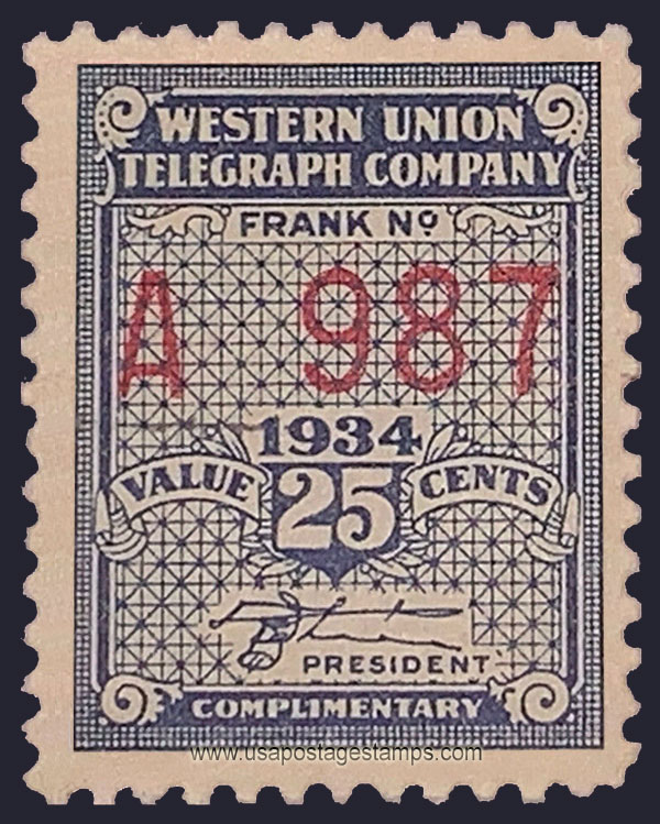 US 1934 Western Union Telegraph Company 'Frank' 25c. Scott. 16T86