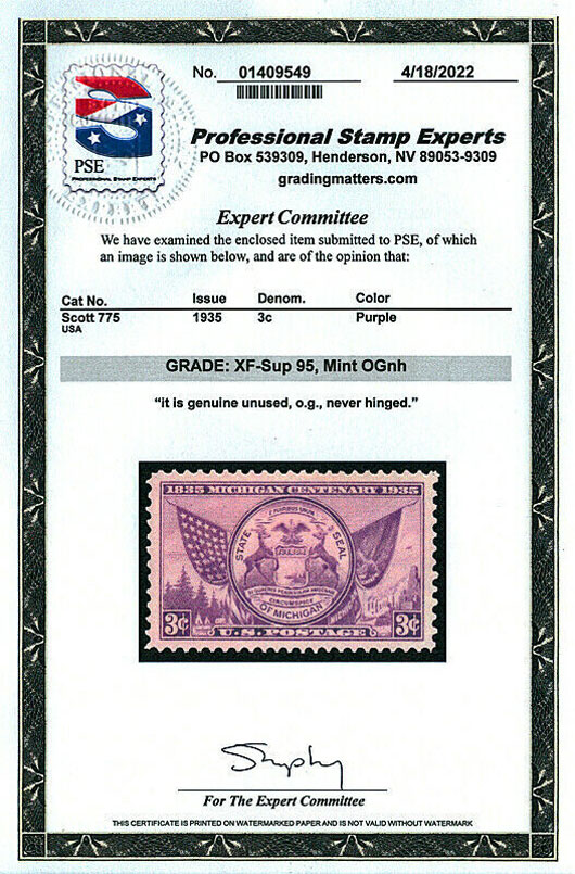 US 1935 Michigan Centenary 'Great Seal' 3c. Scott. 775 details