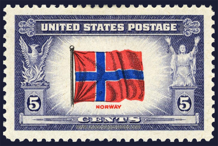 US 1943 Overrun Countries 'Flag of Norway' 5c. Scott. 911