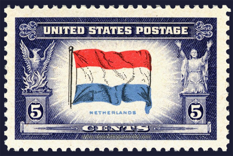 US 1943 Overrun Countries 'Flag of The Netherlands' 5c. Scott. 913