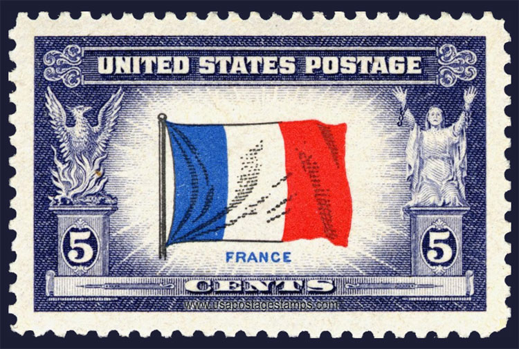 US 1943 Overrun Countries 'Flag of France' 5c. Scott. 915