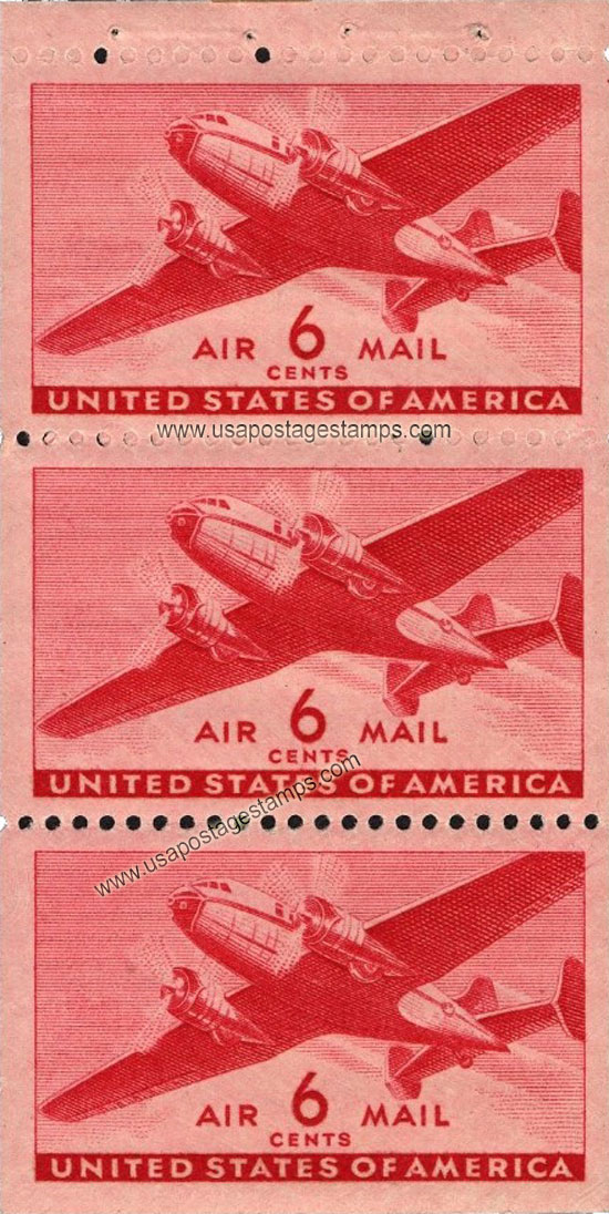US 1943 'Airmail' Twin-Motored Transport Plane Bootlet Pane 6c.x3 Scott. C25a