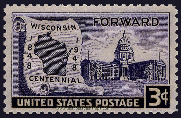 US 1948 Wisconsin Statehood ; Map and Capital Building 3c. Scott. 957