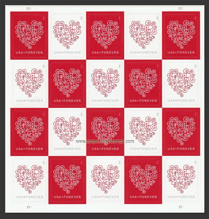 US 2015 Love Series - Lace Hearts ; Full Sheet 49c.x20 Scott. 4956MS