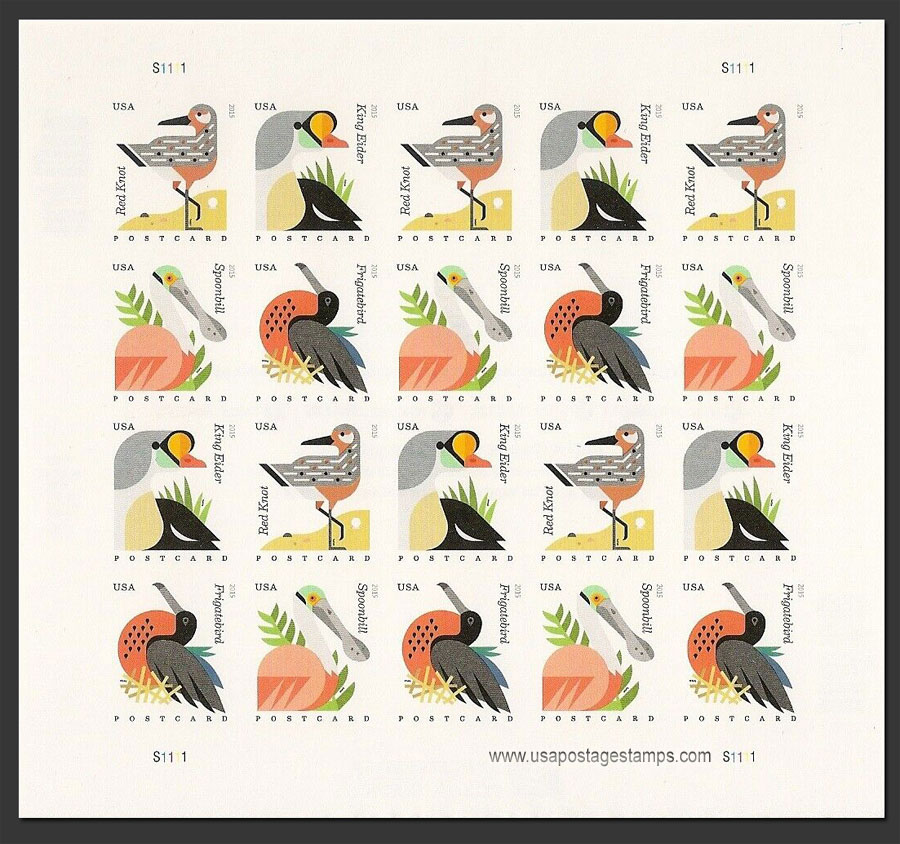 US 2015 Coastal Birds ; Imperf. Full Sheet 35c.x20 Scott. 4994bMS
