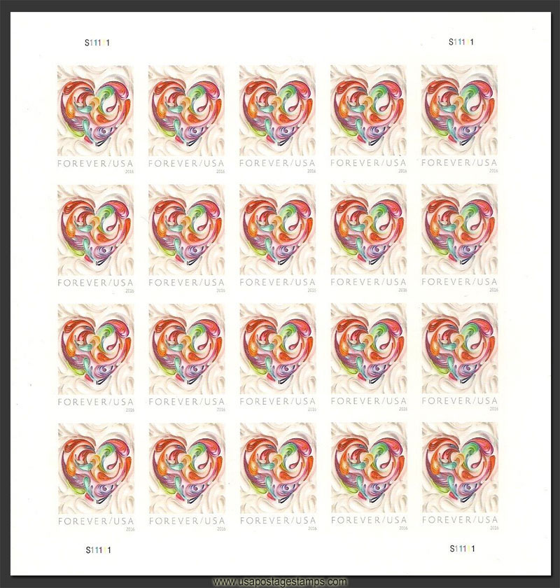 US 2016 Love : Quilled Paper Heart ; Imperf. Full Sheet 49c.x20 Scott. 5036aMS