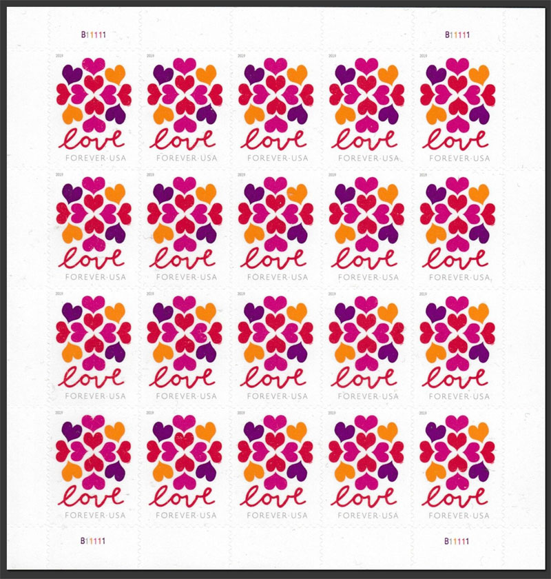 US 2019 Love : Hearts Blossom ; Full Sheet 50c.x20 Scott. 5339MS