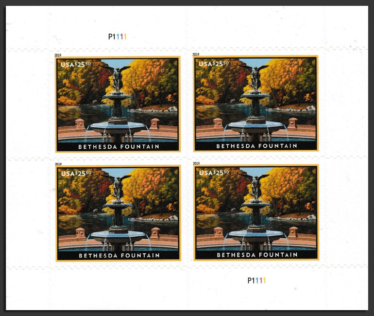 US 2019 Bethesda Fountain, NY ; Mini Sheet $25.50x4 Scott. 5348MS