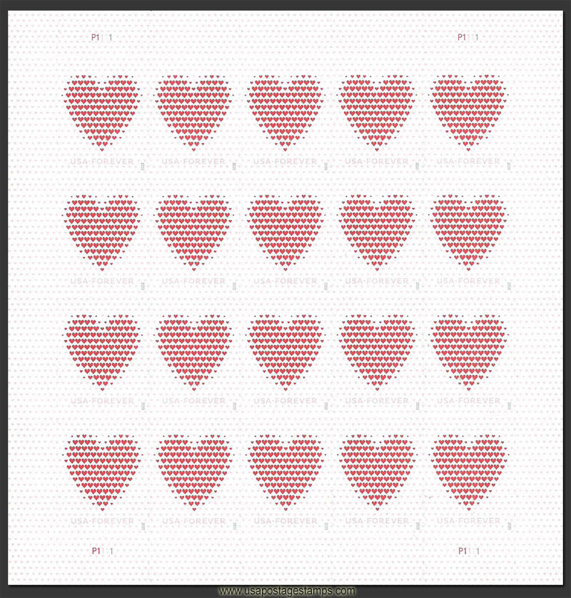 US 2020 Love : Made Of Hearts ; Full Sheet 55c.x20 Scott. 5431MS