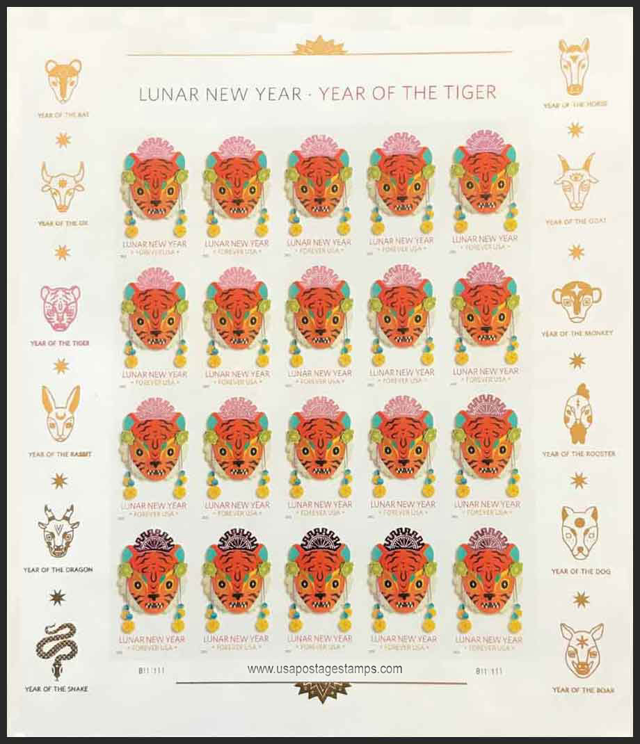US 2022 Lunar New Year ; Tiger Full Sheet Imperf. 58c. (FOREVER º) x20 Scott. 5662aMS