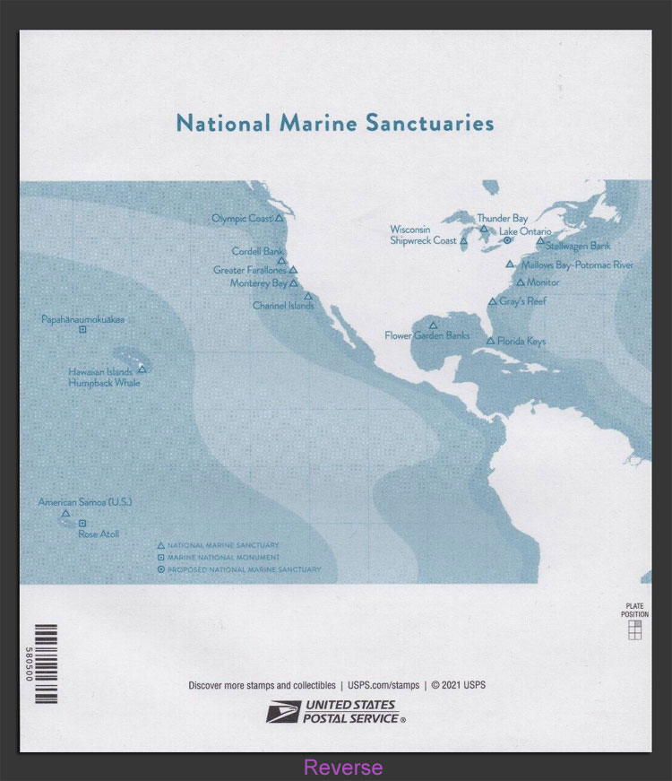 US 2022 National Marine Sanctuaries ; Imperf. Mini Sheet 60c.x16 Scott. 5713q Reverse