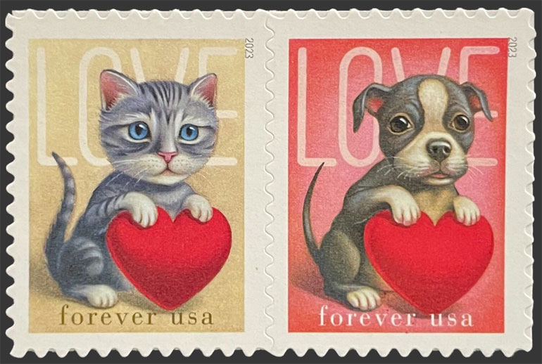 US 2023 Love : Kitten and Puppy ; Se-tenant 60c.x2 Scott 5745-46