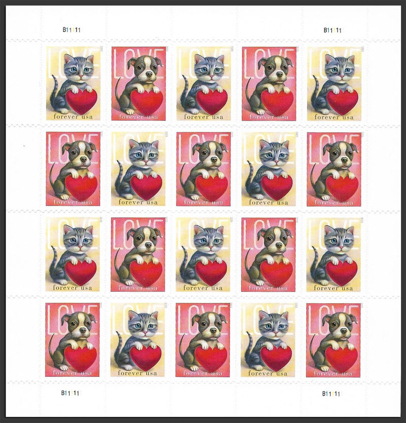 US 2023 Love : Kitten and Puppy ; Full Sheet 60c.x20 Scott 5745-46MS