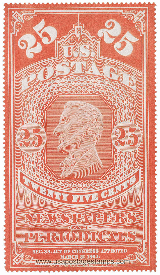 US 1865 Abraham Lincoln (1809-1865) 25c. Scott. PR3 | Newspaper Stamp