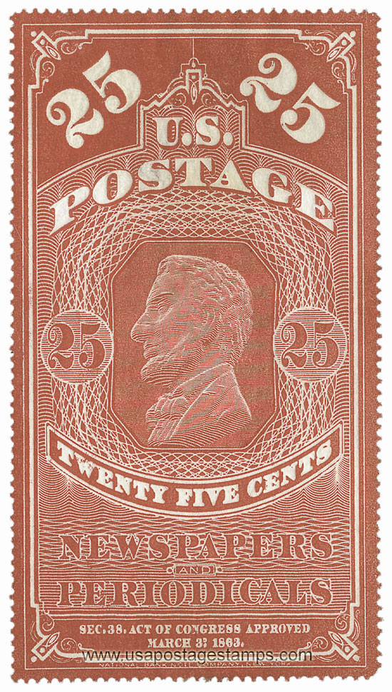 US 1865 Abraham Lincoln (1809-1865) 25c. Scott. PR3a | Newspaper Stamp