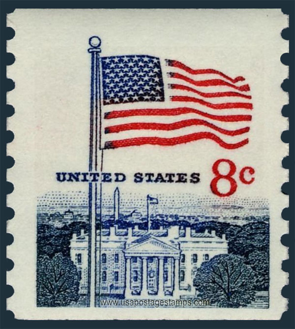 US 1971 United States Flag and White House, Coil 8c. Scott. 1338G