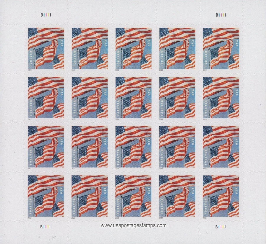 US 2022 Flag of USA ; Full Sheet 58c. (FOREVER )x20 Scott. 5654MS
