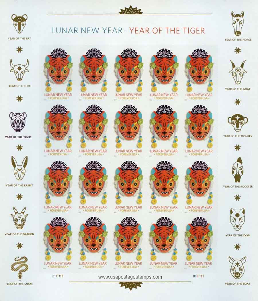 US 2022 Lunar New Year ; Tiger Full Sheet 58c. (FOREVER ) x20 Scott. 5662MS
